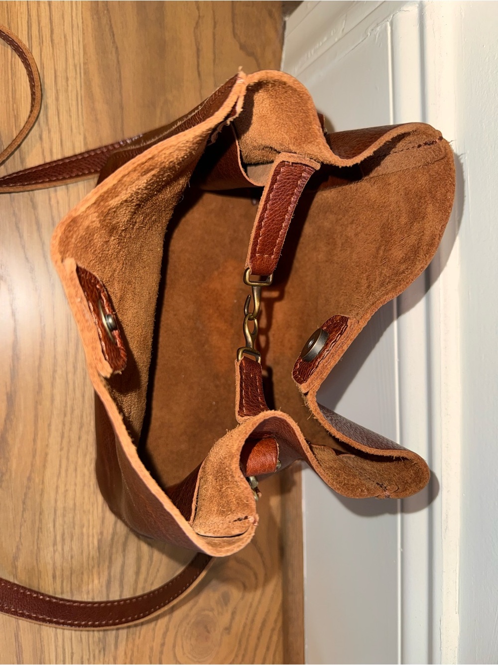 Portland Leather Brown Pebbled Leather Butterfly Bucket Bag - Picture 11 of 13